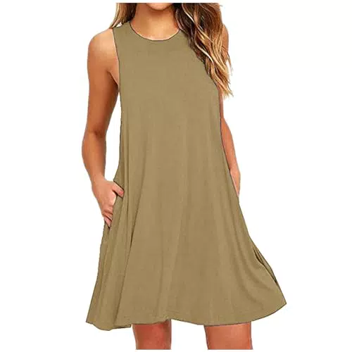Elegant Damen Shirtkleid Ärmellos Knielang Baumwolle Freizeitkleid mit Taschen