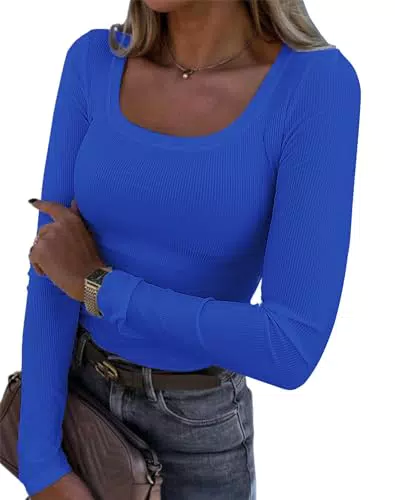 Damen Langarmshirt Slim Fit U-Ausschnitt Rippstrick Basic Tee Y2K