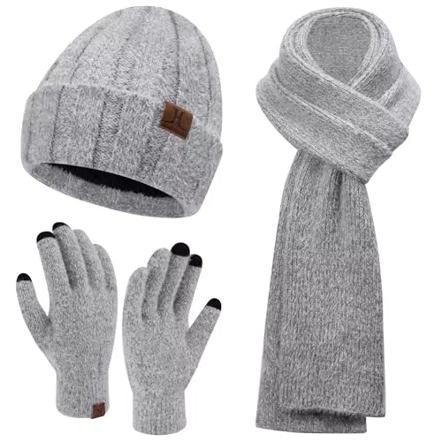 Damen Winter Set: Beanie, Touchscreen Handschuhe und Schal mit Fleece Futter