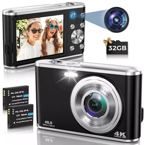 Digitalkamera AutoFocus 4K Kompaktkamera mit Dual-Kamera und 32GB Speicherkarte
