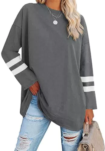 Ebifin Oversize Langarmshirt Damen Rundhalsausschnitt Basic Tunika Tops