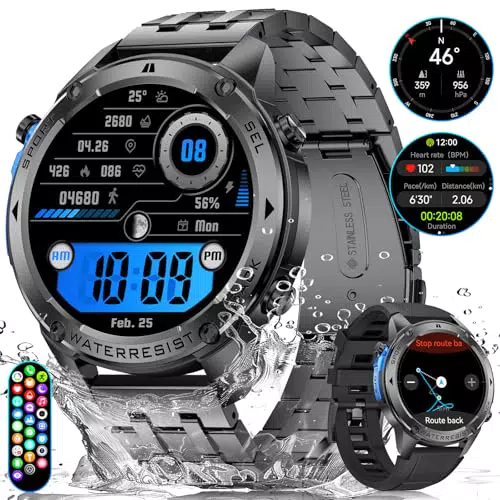 ESFOE GPS Smartwatch Herren - Militär, 5ATM Wasserdicht, AMOLED, 170 Sportmodi