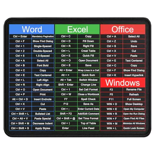 Excel Mauspad mit Shortcut-Anleitung und rutschfester Unterlage für Büro und Zuhause