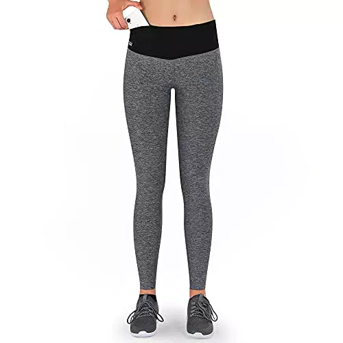 Formbelt Damen Leggings lang mit Taschen grau Melange - Leggins Sporthose Hüfttasche für Smartphone iPhone Handy