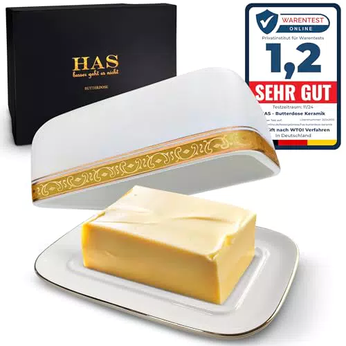 HAS Butterdose Keramik mit Goldrand – elegante Butterbox für die Aufbewahrung