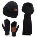 Herren Winter Beanie Mütze mit Schal und Touchscreen Handschuh Set