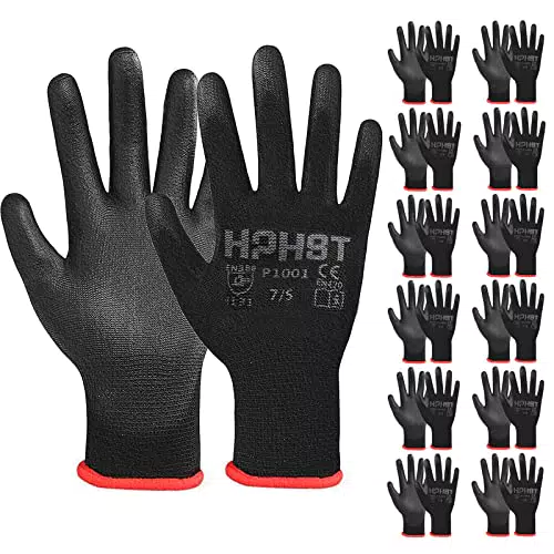 HPHST PU Besichtet Arbeitshandschuhe, 12 Paar Arbeit Handschuhe für Herren und Damen Rutschfeste Montagehandschuhe Gartenhandschuhe mit PU-Beschichtung für Bauarbeiter Mechaniker