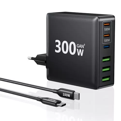 HSSNS 300W USB-C Ladegerät – 6 Port Schnellladegerät für MacBook, iPhone und Samsung