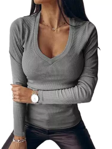 Imily Bela Damen Langarmshirt V-Ausschnitt Slim Fit Elegantes Oberteil