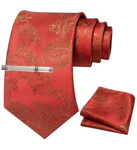 JEMYGINS Herren Paisley Krawatten Set mit Krawattenklammer und Einstecktuch