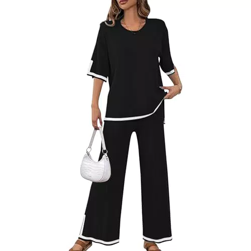 Jetjoy Freizeitanzug Damen Kurzarm Strickpullover mit langer Hose