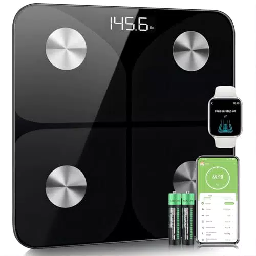 Körperfettwaage Personenwaage Digital Testsieger 2023 Wage Bluetooth mit APP - Ultraschlanke Körperwaage mit Hochpräzisions-Sensoren und gehärtetem Glas für Körperfett"BMI