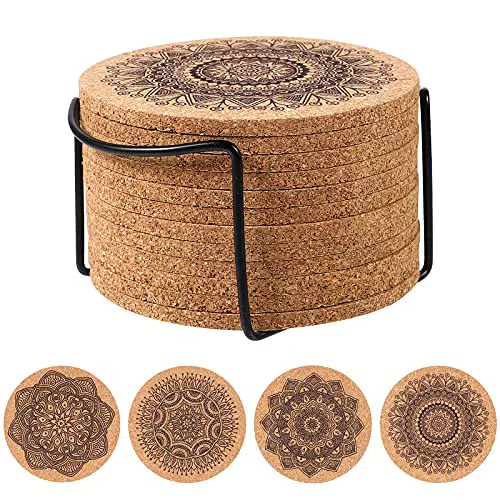 Kork Untersetzer für Gläser – Wiederverwendbare Mandala Glasuntersetzer mit Rack