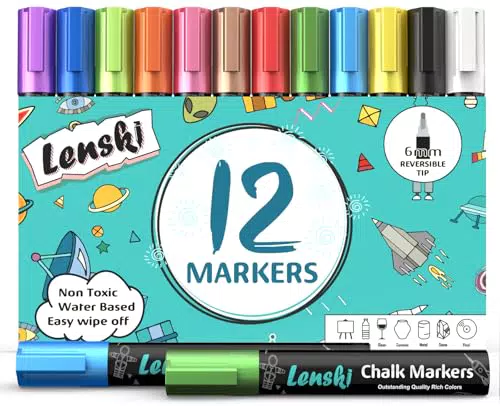 Lenski 12 Kreidestifte für Fenster & Tafel Abwaschbar - 6mm Kreidestift Kreidemarker Fenster mit Whiteboard Marker