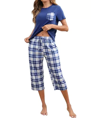 Mchodare Damen Schlafanzug Kurzarm Pyjama mit 3/4 Hose und Taschen