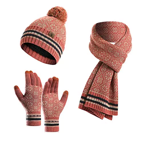 Meajore Damen Winter Set: Beanie, Touchscreen-Handschuhe und Schal