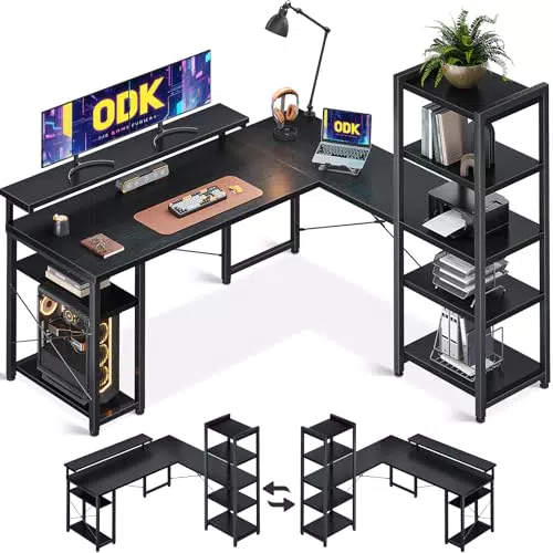 ODK Eckschreibtisch L-Form mit Regal und Monitorständer für Büro