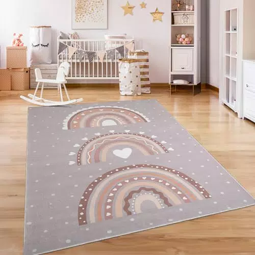 Kinderzimmer Teppich Spielteppich Krone Herzen Punkte - Rutschfest & Farbenfroh