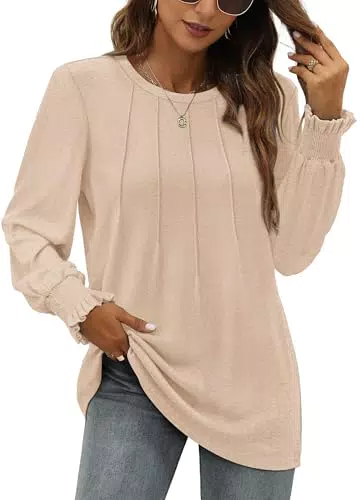 Damen Pullover Rundhals Langarm Plissiert mit Rüschen und Laternenärmel