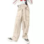 Rolanko Mädchen Baggy Cargo Hose Elastisch Hohe Taille Gerade Weites Bein