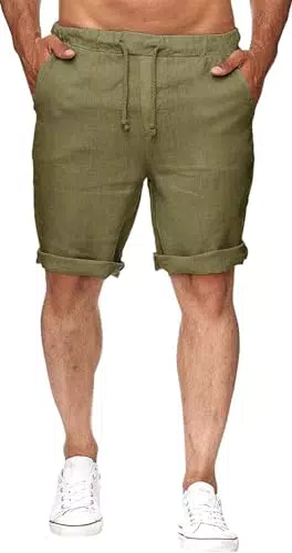 Runcati Herren Leinen Shorts Bermuda mit Gummizug und 2 Taschen