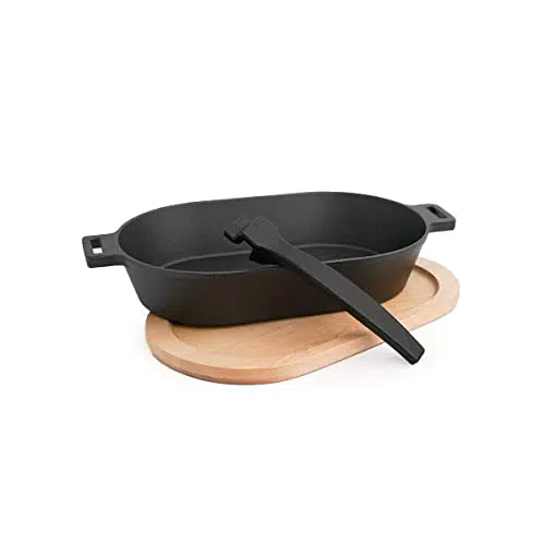 SANTOS Gusseisen Grillpfanne oval mit abnehmbarem Griff für Braten und Grillen