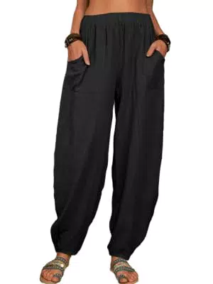 Tankaneo Damen Leinenhose Elegant Lange Harem Capri Sommerhose mit Taschen