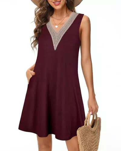 Tanmolo Damen Sommerkleid Ärmellos V-Ausschnitt Knielang Freizeitkleid