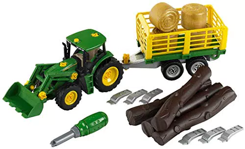 Theo Klein John Deere Traktor mit Holz- und Heuwagen für Kinder ab 3 Jahren
