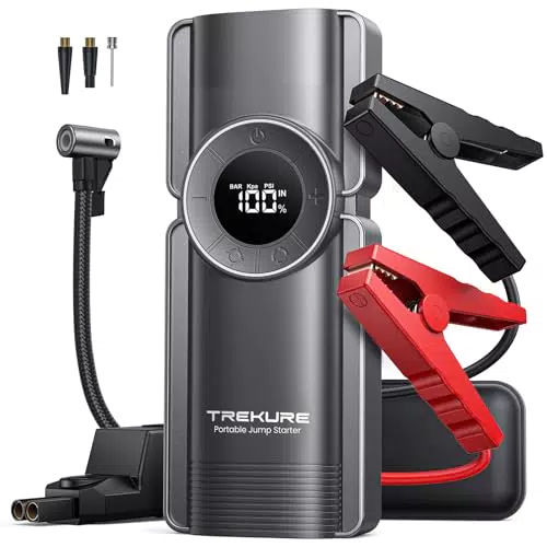TREKURE Starthilfe Powerbank mit Kompressor, 3000A für Benzin- und Dieselmotoren