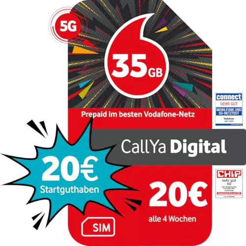 Vodafone CallYa Digital Prepaid 35 GB | 5G-Netz | Telefon- und SMS-Flat | EU-Roaming