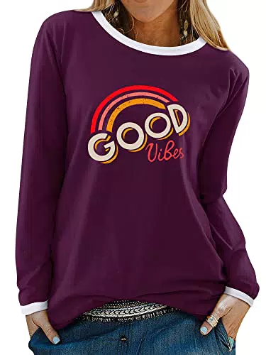 WIEIYM Langarmshirt Damen Baumwolle Good Vibes Longsleeve Casual Bluse
