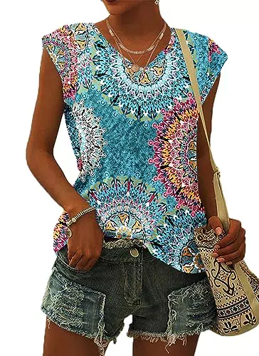 WNEEDU Damen T-Shirt Sommer V-Ausschnitt Tank Top mit Flügelärmeln