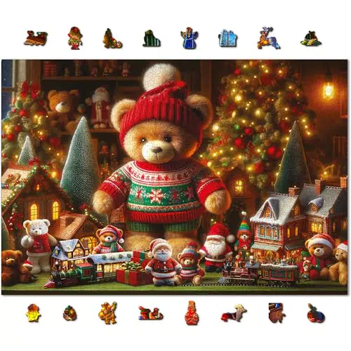 WOODEN.CITY Weihnachtspuzzle – Teddybär mit einzigartigen Feiertagsmotiven