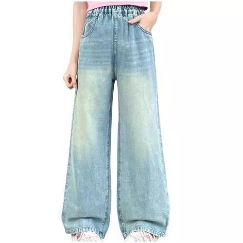 XINYUNZU Baggy Jeans Mädchen mit Gummizug, Weites Bein, High Waist Freizeithose