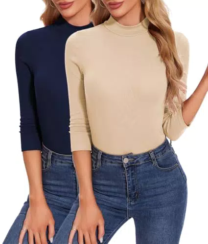 YUTILA Damen Langarmshirt Rollkragen Stehkragen Slim Fit Baumwolle Casual