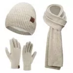 ZASFOU Damen Winter Mütze und Schal mit Touchscreen Handschuhen Set