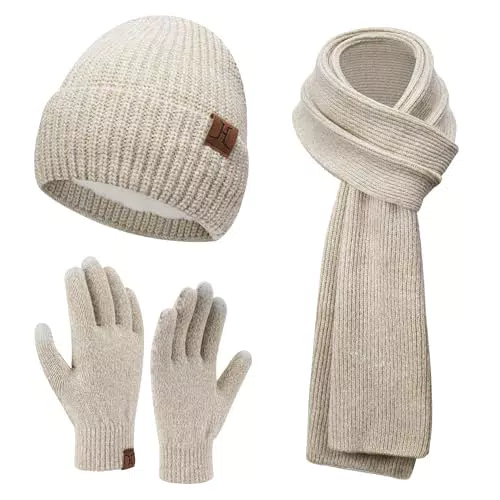ZASFOU Damen Winter Mütze und Schal mit Touchscreen Handschuhen Set