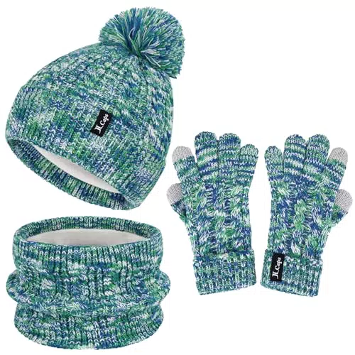 ZASFOU Kinder Mütze Schal Handschuhe Set für Winter, Thermo Strick Pom Mütze