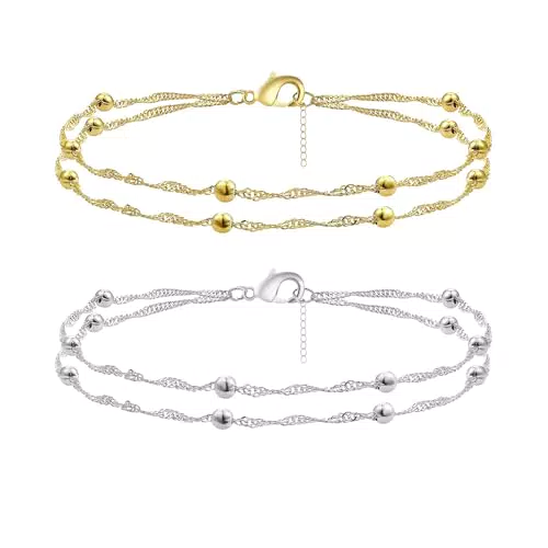 2 Stück Fußkettchen Gold Silber Fußkettchen Vergoldet Boho Perlen Mode Mehrschichtige Forever Herz Pearl Zierlich Geschichtet Wasserdicht ，für Frauen