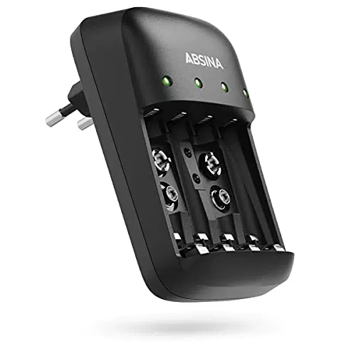 ABSINA Akku Ladegerät AA AAA & 9V Block inkl. 4X AAA 1150 Akkus - NiMH Ladegerät Akku Batterien 4-Fach für aufladbare Batterien - Batterieladegerät mit Batterien - Akku Batterien mit Ladegerät