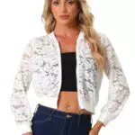 Allegra K Damen Spitzen Jacken Durchsichtige Mesh Netzstoff Reißverschluss Blumenmuster Bomberjacke Weiß