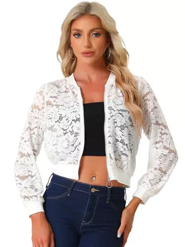 Allegra K Damen Spitzen Jacken Durchsichtige Mesh Netzstoff Reißverschluss Blumenmuster Bomberjacke Weiß