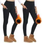 AMIYOYO Thermo Leggings Damen mit Taschen, Gefütterte High Waist Fleece Leggins