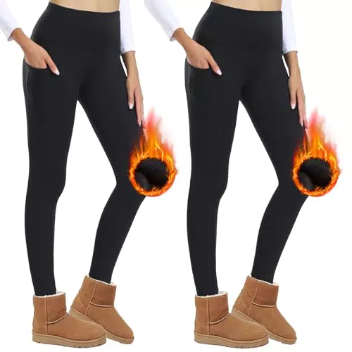 AMIYOYO Thermo Leggings Damen mit Taschen, Gefütterte High Waist Fleece Leggins