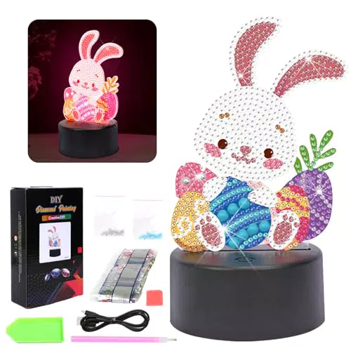 APODESS 12tlg Diamond Painting Ostern Deko Hase Diamant Painting Frühling Deko Innen Ostern Geschenke Kinder Nachtlicht Osterhase Led Osterbeleuchtung Ostern Basteln für Handgemachte Ornamente
