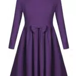 Arshiner Mädchen Kleider Baumwolle Kinder Langarm Kleid mit Fliege Winterkleider Herbstkleid A-Linie Festliches Rundhals Basic Freizeit Kleider für Mädchen 8-9 Jahre 130 Dunkelviolett