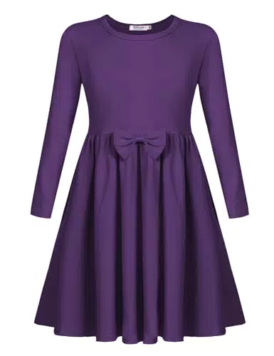 Arshiner Mädchen Kleider Baumwolle Kinder Langarm Kleid mit Fliege Winterkleider Herbstkleid A-Linie Festliches Rundhals Basic Freizeit Kleider für Mädchen 8-9 Jahre 130 Dunkelviolett