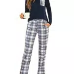 Aseniza Schlafanzug Damen Lang Pyjama Set Baumwolle Nachtwäsche Winter Zweiteiliger Schlafanzüge Hausanzug mit Karierte Hose Dunkelblau