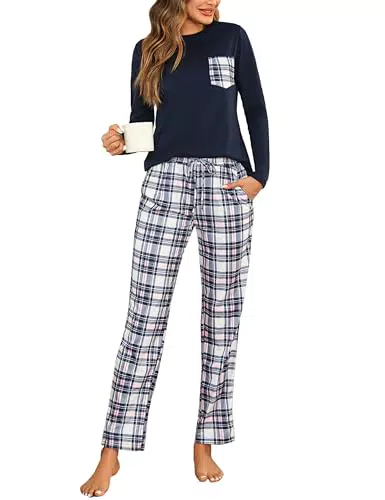 Aseniza Schlafanzug Damen Lang Pyjama Set Baumwolle Nachtwäsche Winter Zweiteiliger Schlafanzüge Hausanzug mit Karierte Hose Dunkelblau